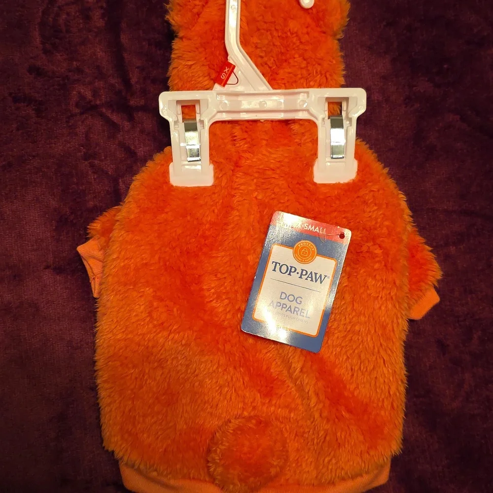 Top Paw Vibrant Orange Fuzzy Dog Hoodie Pink Glitter Ears & A Rabbit Tail XS Nwt